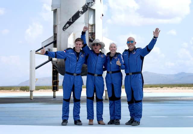 The crew of Blue Origin’s New Shepard, from left Oliver Daemen, Jeff Bezos, Wally Funk, and Mark Bezos, pose for a picture after flying into space from Van Horn, Texas (Picture: Joe Raedle/Getty Images)