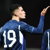 Max Johnston blows a kiss to his supporters in the Fir Park stand after giving Scotland Under-21's the lead against Iceland Under-21 at Motherwell. Photo by Ross MacDonald / SNS Group