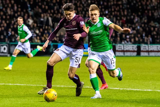 Aaron Hickey in action against Hibs. Picture: SNS