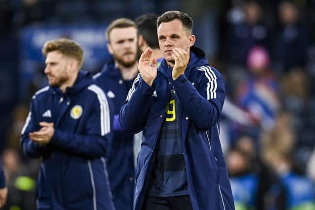 Scotland's Lawrence Shankland applauds the fans after the 2-2 draw with Finland at Hampden Park on Friday.  (Photo by Rob Casey / SNS Group)
