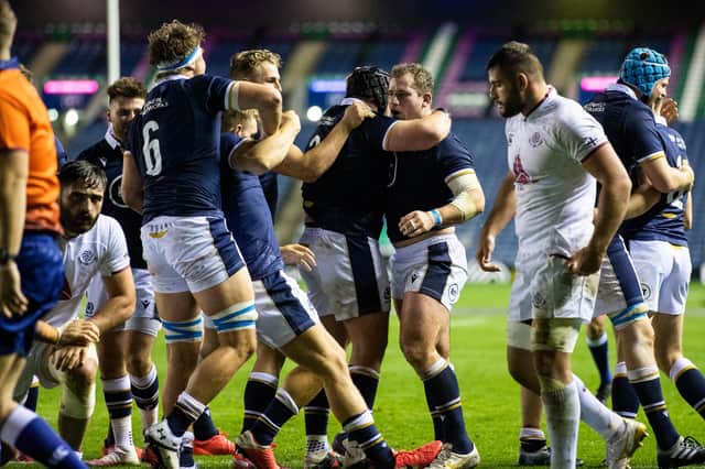 Scotland's Fraser Brown celebrates his first half try.