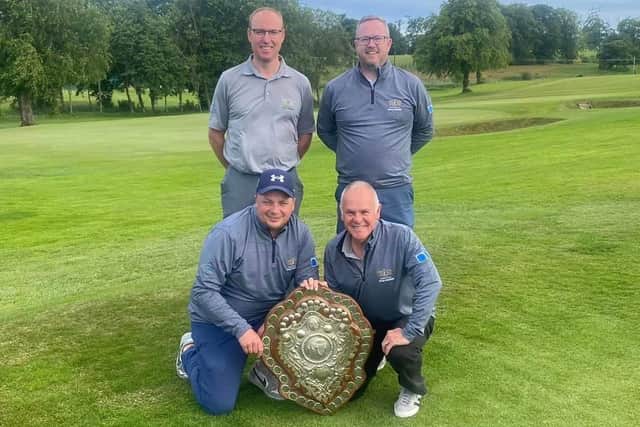 Kingsfield's triumphant team show off the Courier Trophy after landing the club's first-ever team victory at Harburn. Picture: Linlithgowshire Golf Association
