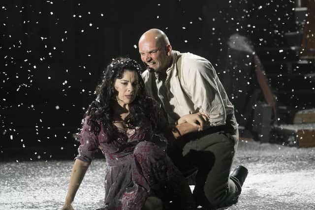 Camille O'Sullivan as Marie and Richard O'Kane as Woyzeck, in the play 'Woyzeck in Winter', at the Barbican Theatre, London, 2017. Pic: Alastair Muir/Shutterstock