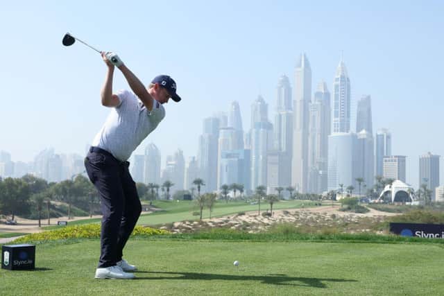 Halfway leader Justin Harding tees off on the eighth hole at Emirates Golf Club during day two of the Slync.io Dubai Desert Classic. Picture: Andrew Redington/Getty Images.