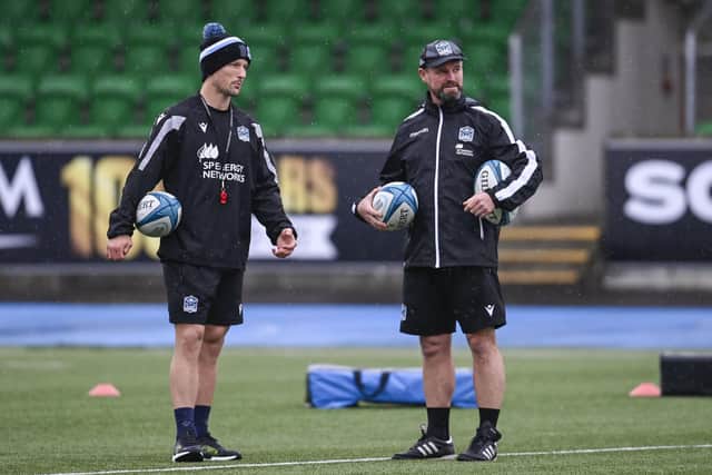 Glasgow Warriors attack coach Nigel Carolan, right, with fellow coach Pete Horne. (Photo by Rob Casey / SNS Group)