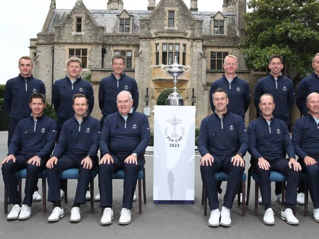 Captain DJ Russell front row third from left, with his Great Britain & Ireland players on the eve of the 30th PGA Cup at Foxhills in Surrey. Picture: The PGA