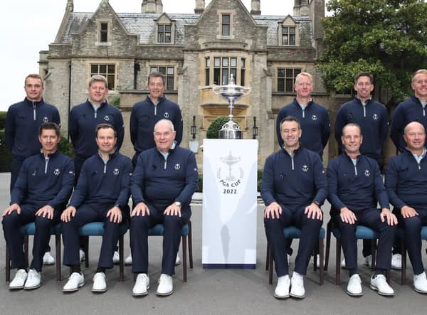 Captain DJ Russell front row third from left, with his Great Britain & Ireland players on the eve of the 30th PGA Cup at Foxhills in Surrey. Picture: The PGA