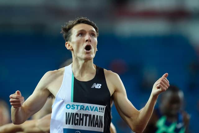 Jake Wightman reacts as he wins the 800m at the Golden Spike meeting in Ostrava. Picture: AFP via Getty Images
