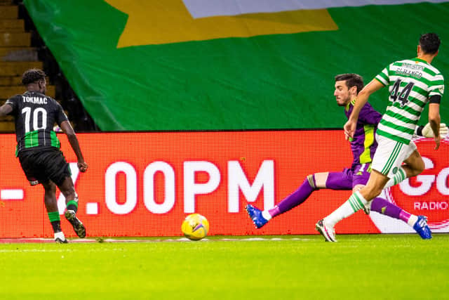 Tokmac Nguen scores to make it 2-1 to Ferencvaros. Picture: Ross Parker / SNS