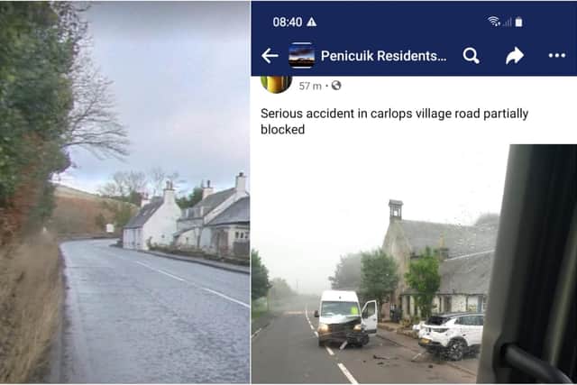 A road in Carlops was partially blocked following a traffic accident. Photos: Google maps and Penicuik Residents Forum Facebook.