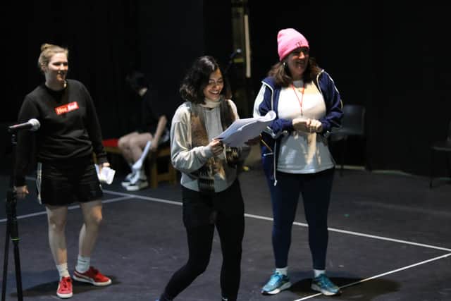 Hannah Jarrett-Scott, Chloe-Ann Tylor, Hiftu Quasem and Louise Ludgate in rehearsals for new stage play Same Team, which will be launching at the Traverse Theatre in Edinburgh on 8 December.