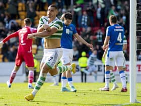 Giorgos Giakoumakis celebrates Celtic's winner at St Johnstone. (Photo by Ross MacDonald / SNS Group)