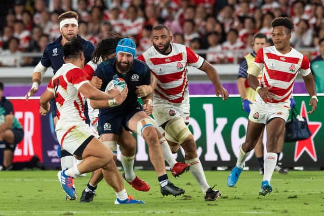 Blade Thomson, with Ryan Wilson on his right, in action during the World Cup loss to Japan in Yokohama last October. Neither man has played for Scotland since. Picture: Gary Hutchison/SNS
