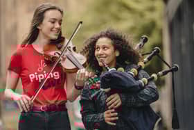 Ellie McLaren and Anna Scott pose at the Old Fruitmarket in Glasgow to promote the city's Piping Live! festival. Picture: Jamie Simpson