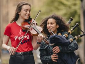 Ellie McLaren and Anna Scott pose at the Old Fruitmarket in Glasgow to promote the city's Piping Live! festival. Picture: Jamie Simpson