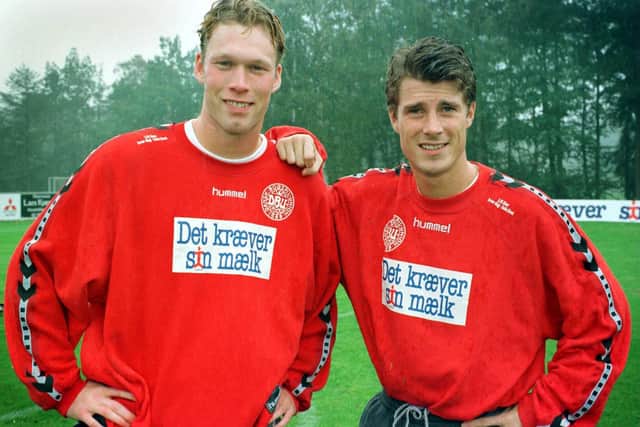 Old Firm Rivals....Morton Wieghorst with international teammate Brian Laudrup, then at Rangers