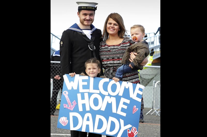 Pictured is AB Chef Gary McEwan with his family in September 2017.
HMS Duncan has returned to Portsmouth after spending three months in the Mediterranean and Black Sea as the Flagship to NATO's Standing Maritime Group 2.
Families lined the jetty at HM Naval Base Portsmouth to welcome back the warship and her Ship's Company, following their deployment to the Mediterranean and Black Sea.