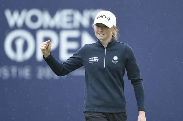 Louise Duncan celebrates a birdie on the 18th during the third round of the AIG Women's Open at Carnoustie. Picture: Ian Rutherford/PA Wire.