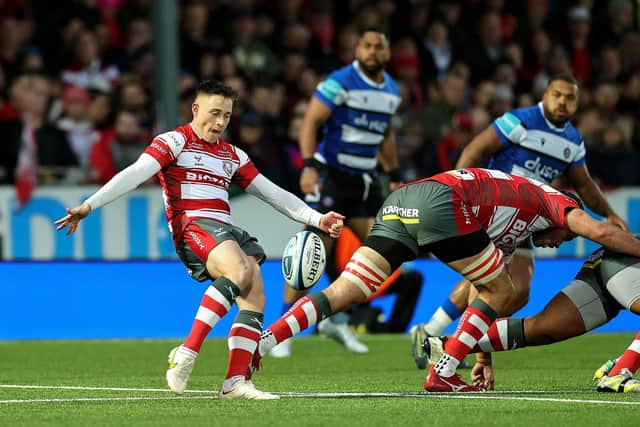 Stephen Varney of Gloucester kicks the ball upfield during the Gallagher Premiership Rugby match against Bath at Kingsholm Stadium. (Photo by David Rogers/Getty Images)