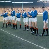 A Rangers pre-match line-up from the 1960-61 season featuring four players who scored 100 goals for the club - Davie Wilson (far left), Jim Forrest (fourth from left), John Greig (centre) and Ralph Brand (second from right). (Photo by SNS Group).