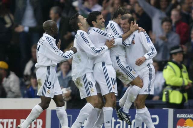 Real Madrid midfielder Zinedine Zidane celebrates his famous Champions League-winning goal against Bayer Leverkusen at Hampden in 2002