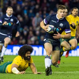 Huw Jones breaks clear for Scotland during the 53-24 win over Australia in 2017.