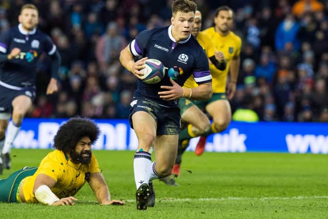 Huw Jones breaks clear for Scotland during the 53-24 win over Australia in 2017.