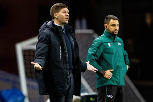Rangers manager Steven Gerrard looks on as his team beat Lech Poznan 1-0 at Ibrox to stay level on points with Benfica at the top of Group D. (Photo by Alan Harvey / SNS Group)