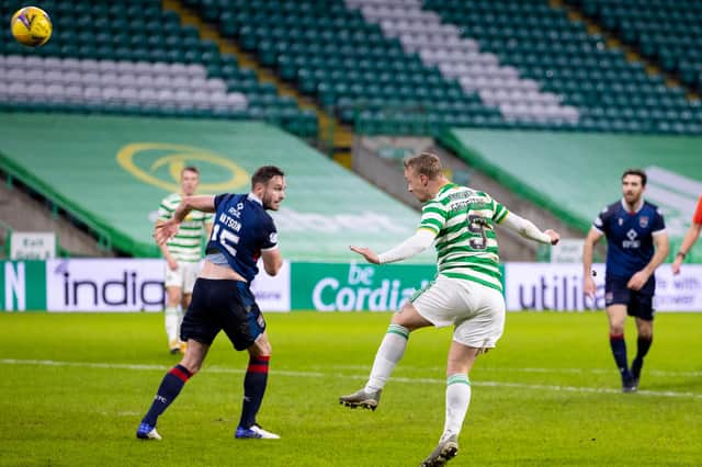 Celtic striker Leigh Griffiths, on his first league start since March, makes it 2-0 v Ross County with a well-placed header (Photo by Craig Williamson / SNS Group)