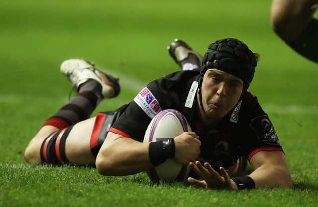 Lewis Carmichael scores for Edinburgh during the European Challenge Cup tie against Krasny Yar at Murrayfield in 2017. Picture: Ian MacNicol/Getty Images