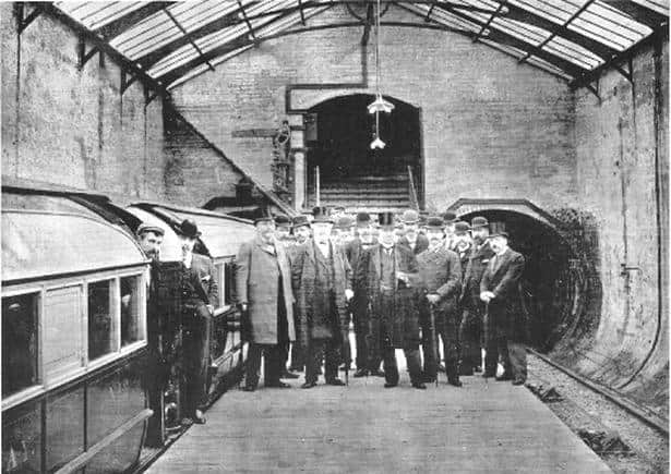 Officials gather for a photograph on the opening day of the Glasgow District Subway system. Picture: SPT
