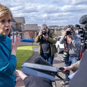 Former leader of the SNP, Nicola Sturgeon, speaking to the media outside her home in Uddingston, Glasgow, in April. Picture: PA