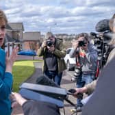 Former leader of the SNP, Nicola Sturgeon, speaking to the media outside her home in Uddingston, Glasgow, in April. Picture: PA