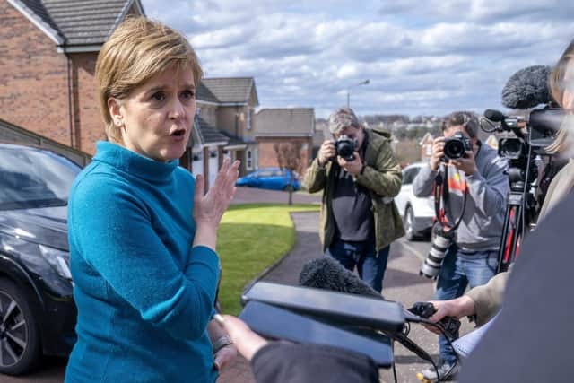 Former leader of the SNP, Nicola Sturgeon, speaking to the media outside her home in Uddingston, Glasgow, in April. Picture: PA