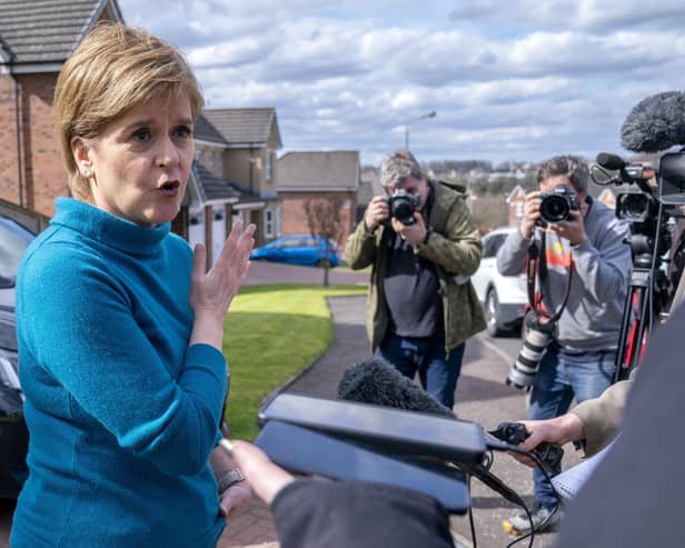 Former leader of the SNP, Nicola Sturgeon, speaking to the media outside her home in Uddingston, Glasgow, in April. Picture: PA