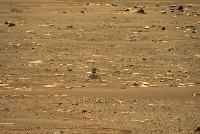 Nasa's Ingenuity Mars Helicopter right after it successfully completed a high-speed spin-up test, captured by the Mastcam-Z instrument on Perseverance on April 16, 2021 picture: AFP PHOTO / NASA/JPL-Caltech/ASU/HANDOUT