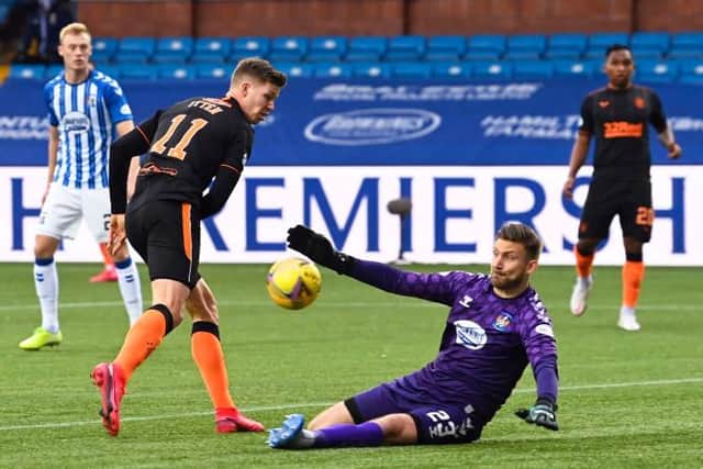 Rangers striker Cedric Itten is foiled by Kilmarnock goalkeeper Danny Rogers during Sunday's Premiership match at Rugby Park. (Photo by Rob Casey / SNS Group)