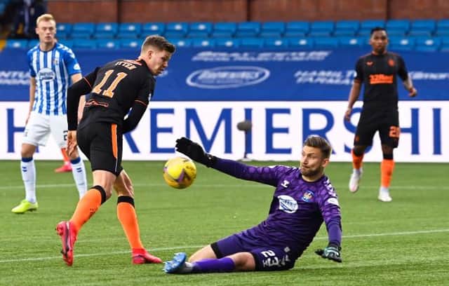 Rangers striker Cedric Itten is foiled by Kilmarnock goalkeeper Danny Rogers during Sunday's Premiership match at Rugby Park. (Photo by Rob Casey / SNS Group)