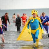 The new year's day loony dook on January 1, 2020 at Kirkcaldy beach - the event had  a superhero theme. Pic:  Fife Photo Agency.