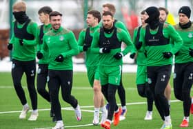 Stevie Mallan was back in the mix at Hibs training after switch to Turkey stalled. Photo by Ross MacDonald / SNS Group