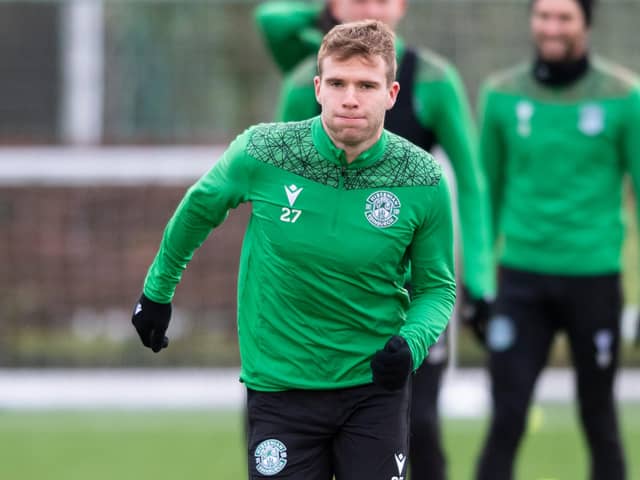 Hibs' latest signing Chris Cadden looks to hit the ground running as he tries to impress his new gaffer and team-mates in training. Photo by Mark Scates / SNS Group