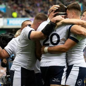 Scotland's Josh Bayliss scores the third try against the Italians.