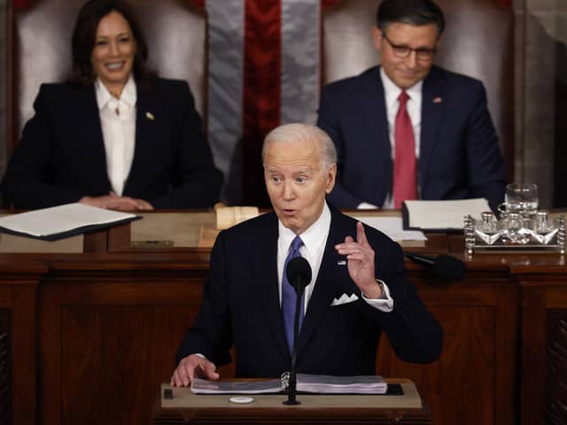 US President Joe Biden delivers the State of the Union at the US Capitol, once stormed by Donald Trump's supporters attempting to stop him taking office (Picture: Chip Somodevilla/Getty Images)