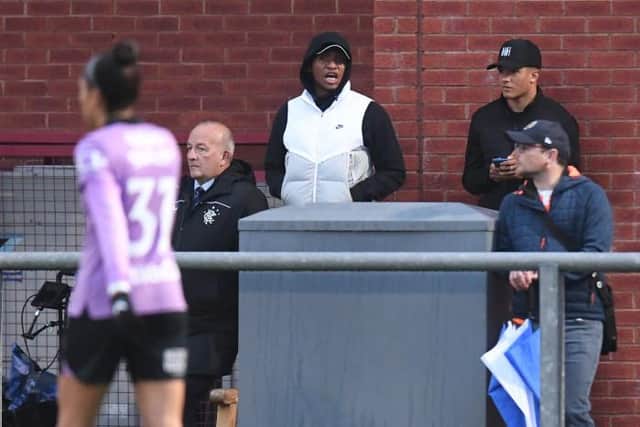 Alfredo Morelos (centre) was in attendance at Petershill Park on Sunday to watch Rangers Women take on Glasgow City in a SWPL fixture. (Photo by Ross MacDonald / SNS Group)