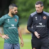 Dundee United manager Jack Ross and Aziz Behich during a Dundee United training at St Andrews ahead of the trip to AZ Alkmaar. (Photo by Mark Scates / SNS Group)