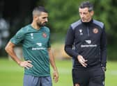 Dundee United manager Jack Ross and Aziz Behich during a Dundee United training at St Andrews ahead of the trip to AZ Alkmaar. (Photo by Mark Scates / SNS Group)