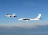 A RAF Typhoon monitoring a Russian Tupolev Tu-142 maritime reconnaissance and anti-submarine warfare (ASW) aircraft. Picture: MoD/Crown Copyright/PA Wire