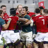 Players from both teams clash during the second Test between South Africa and the Lions in Cape Town. Picture: Steve Haag/PA