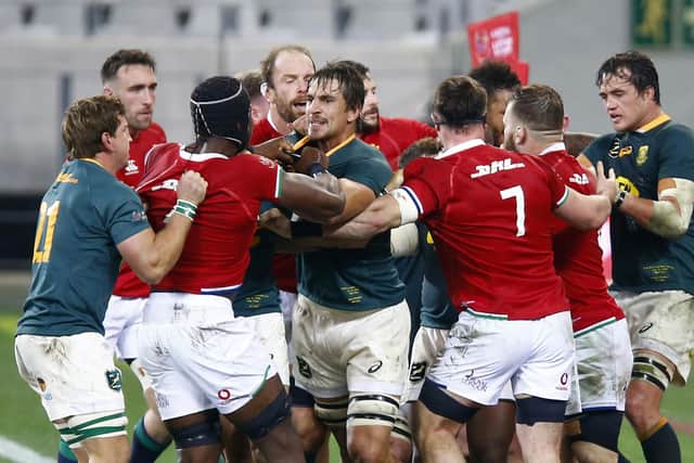 Players from both teams clash during the second Test between South Africa and the Lions in Cape Town. Picture: Steve Haag/PA