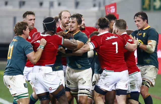 Players from both teams clash during the second Test between South Africa and the Lions in Cape Town. Picture: Steve Haag/PA